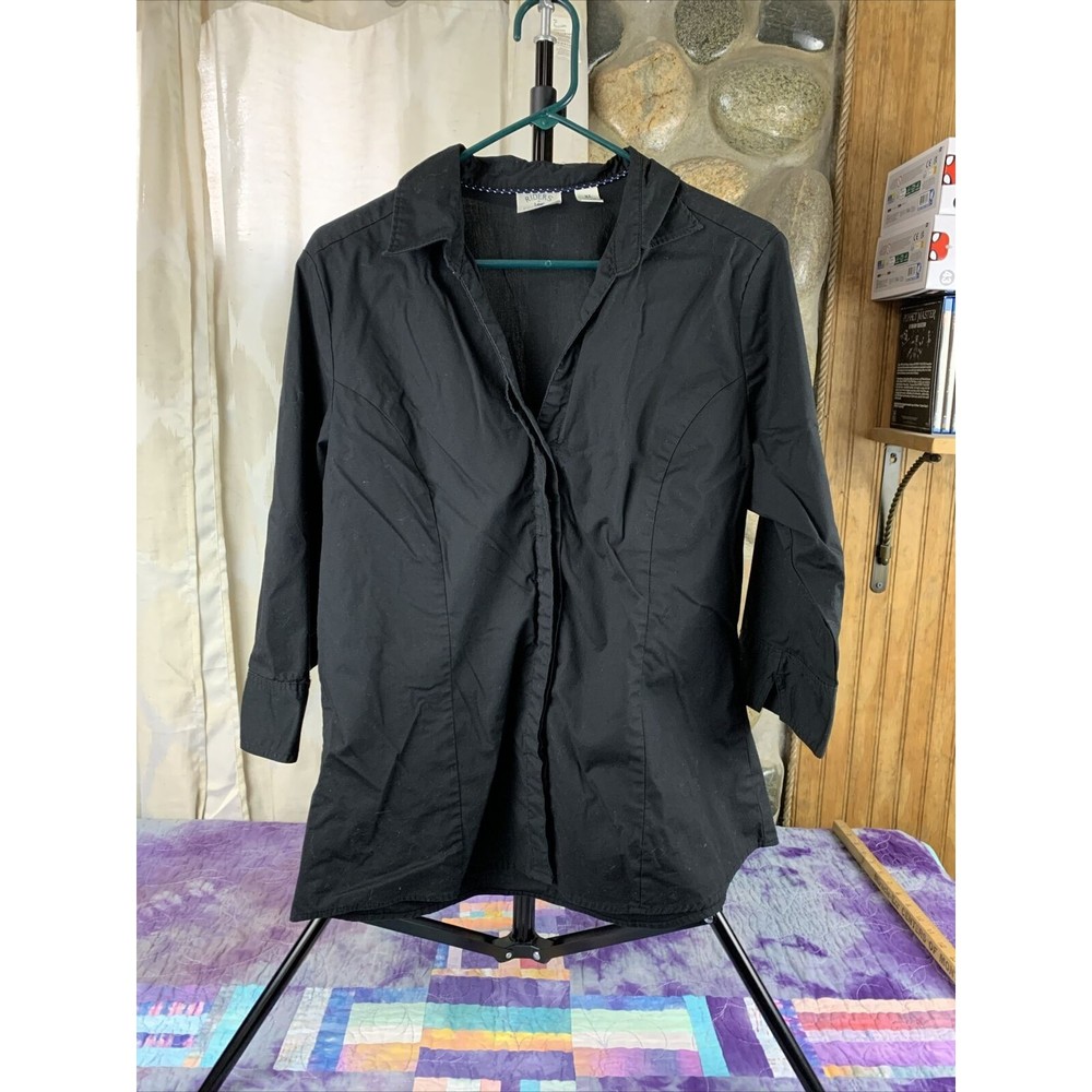 Riders by Lee Womens XL Easy Care 3/4 Sleeve Black Woven Chelsea Neck Shirt